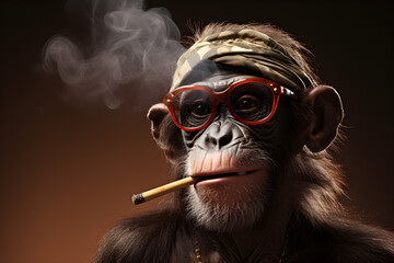 funny studio portrait of monkey wearing sunglasses - obrazy, fototapety, plakaty