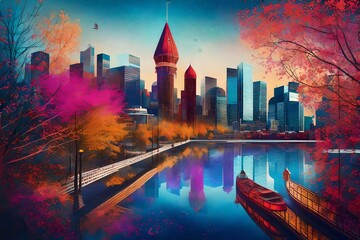 Montreal cityscape transformed into a captivating digital illustration with a touch of fantasy,...