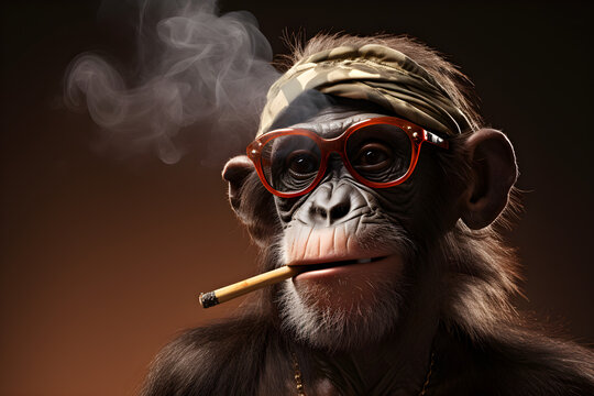 funny studio portrait of monkey wearing sunglasses