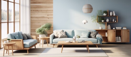 Scandinavian living room with a fabric couch and table.