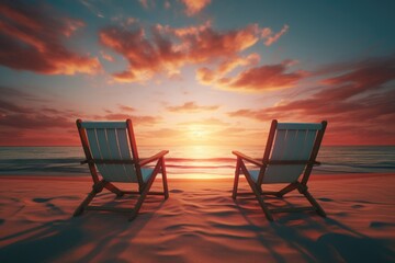 Two sun loungers on the beach stand on the sand - obrazy, fototapety, plakaty