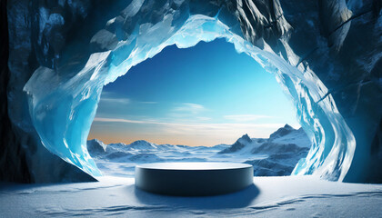 Abstact 3d render winter scene and Natural podium background, Ice podium on the ice mountain cave for product display - obrazy, fototapety, plakaty