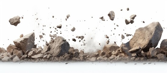 ai illustration of rocks, dust, and debris falling on white background banner. - obrazy, fototapety, plakaty