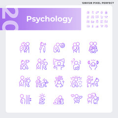 2D pixel perfect simple gradient icons set representing psychology, purple thin linear illustration. - obrazy, fototapety, plakaty