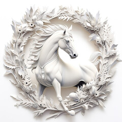 Sculpture of a white horse in a wreath of flowers