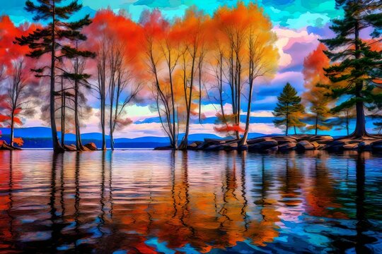 Artistic interpretation of Sebago Lake photos, featuring vibrant colors and painterly strokes, highlighting the picturesque landscape, the artistic transformation adding an ethereal quality to the sce