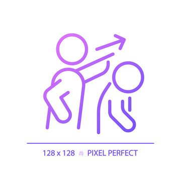 2D pixel perfect gradient banishment icon, isolated vector, thin line purple illustration representing psychology.