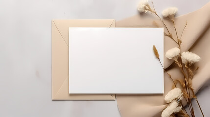 White Greeting Card Mockup with Subtle Boho Floral Accents. Invitation Card Mockup With Flowers For Special Occasions.