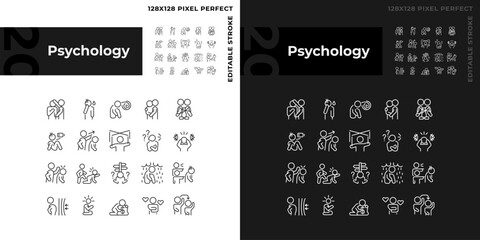 2D pixel perfect simple light and dark icons set representing psychology, editable thin linear illustration. - obrazy, fototapety, plakaty