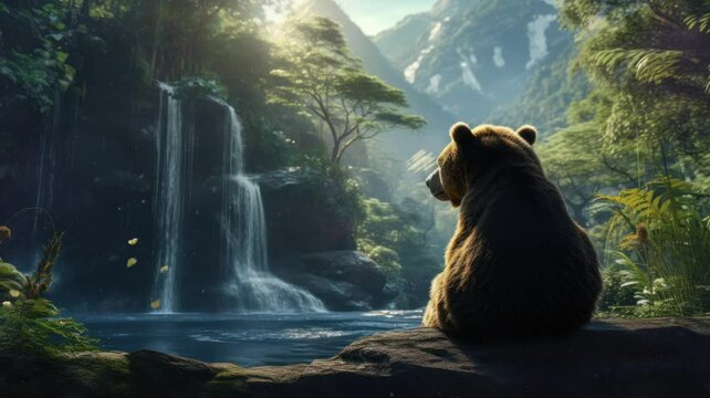 brown bears sitting and relaxing on the edge of the river. seamless looping time-lapse virtual video Animation Background.