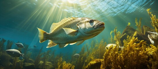 Snapper fish swimming over kelp in sunlit shallow water. - obrazy, fototapety, plakaty