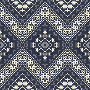 Ethnic geometric monochrome pattern. Vector aztec geometric shape seamless pattern embroidery pixel art style. Aztec geometric pattern use for textile, home decoration elements, upholstery, wrapping.