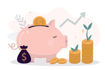 Save money concept. Money management. Piggy bank with gold coins. Retirement savings, pension fund, opening bank deposit. Investing in the future. Growth passive income.