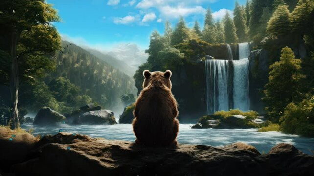 a bear sitting and relaxing on the edge of a waterfall. seamless looping time-lapse virtual video Animation Background.