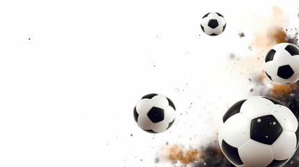 Wallpaper with soccer balls, white background with copy space. Sports template. Banner for birthday cards, invitations, football-themed advertisements.