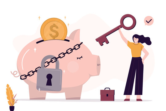 Piggy bank entangled with chains and large padlock. Smart woman holds giant key. Reliable protection of savings. Pension savings, pension fund. Protection against financial losses.