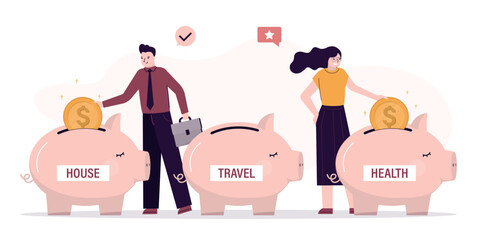 Married couple put money into piggy banks. Reliable protection of savings. Savings for various needs - travel, health, car. Savings account is divided into several parts.