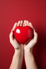 Obraz premium Hands Holding Red Heart on Red Background