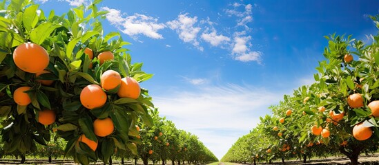 Orange orchard with abundant harvest under clear blue skies.
