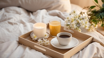Fototapeta na wymiar Wooden tray with coffee and warm plaid on white bed