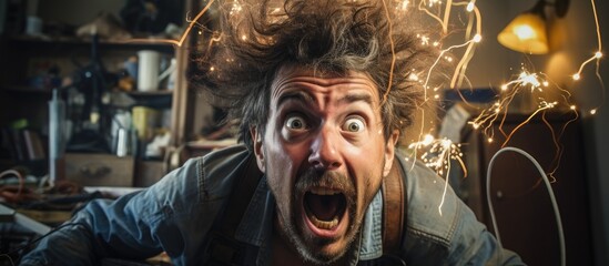 Man getting electric shock while connecting broken electrical cables at home, resulting in a domestic accident of being electrocuted, with a dirty burnt face and a crazy expression, highlights the - obrazy, fototapety, plakaty