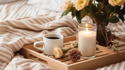 Fototapeta na wymiar Wooden tray with coffee and warm plaid on white bed