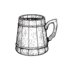 Wooden beer mug. Vintage mug with a handle. Hand drawn sketch style. Best for brewery, pub menu designs. Vector illustration.
