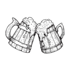 Two old wooden beer mugs clink glasses of them pouring foam. A hand-drawn sketch. Best for brewery, pub menu designs. Vector illustration.