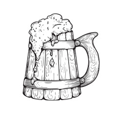 Wooden mug of foamy beer. Vintage mug with a handle. A hand-drawn sketch. Best for brewery, pub menu designs. Vector illustration.
