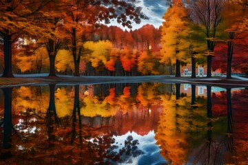 An abstract digital art representation of autumn in Albany, New York, featuring surreal colors, distorted shapes, and a dreamlike interpretation of the fall season