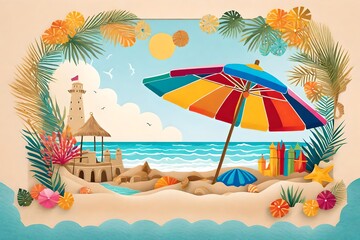 Fototapeta na wymiar Vector art depicting a serene beach scene with a colorful beach umbrella and sandcastle, intricate details showcasing the texture of the sand and the vibrant hues of the umbrella