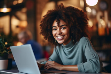 Attractive young black woman sitting in front of a laptop smiling - obrazy, fototapety, plakaty