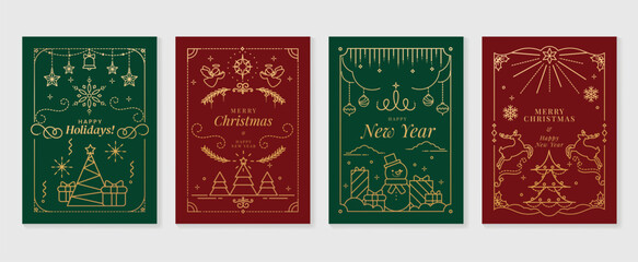 Luxury christmas invitation card art deco design vector. Christmas tree, bauble ball, angel, reindeer, snowman line art on green and red background. Design illustration for cover, poster, wallpaper.