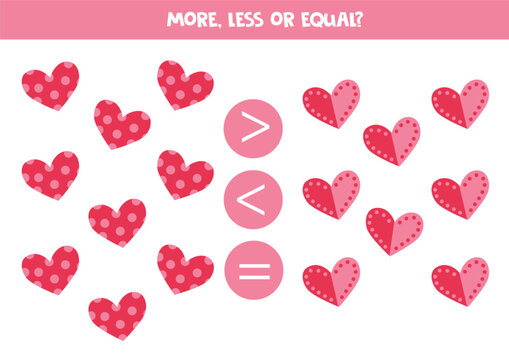 Grater, less or equal with cartoon valentine day hearts.