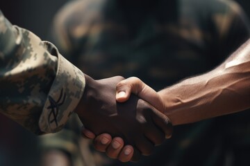soldiers shaking hands. war peace and end. ceasefire and reconciliation. generative ai - obrazy, fototapety, plakaty