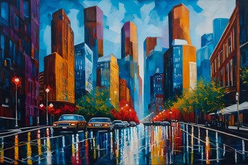 Expressive painting of Montreal cityscape in a dreamy atmosphere, portraying dynamic street life, diverse architecture, and the city's unique energy, Artwork