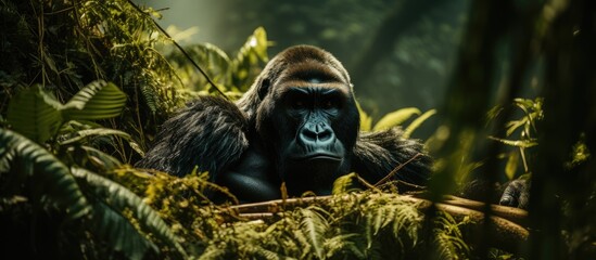 A silverback mountain gorilla rests in the undergrowth of Uganda's Bwindi Impenetrable forest, a world heritage site. - obrazy, fototapety, plakaty