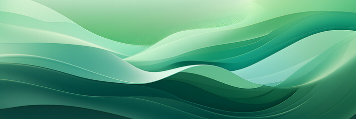 An abstract background in banner format made of different shades of green that flow into each other like waves.