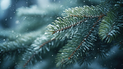 Fir branches covered with hoarfrost and snow. Winter background - obrazy, fototapety, plakaty