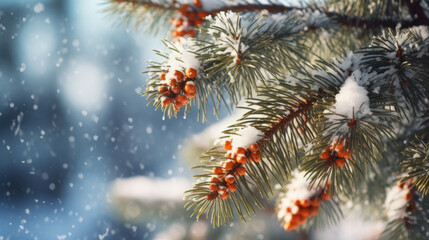 Fir tree branch with cones covered with snow. Winter background.