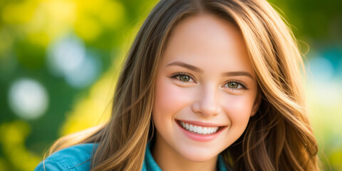 A Beautiful USA girl smiling Portrait in blurred background of nature