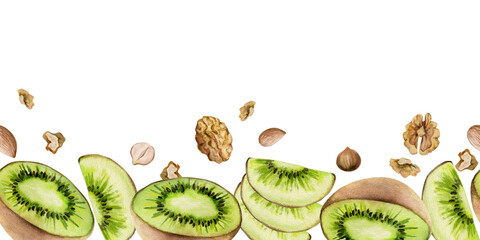 Hand drawn watercolor sliced kiwi fruit and nuts mix for diet, healthy lifestyle, vegan cooking. Illustration seamless border isolated on white background. Design poster, print, website, card, menu