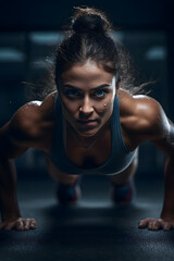 Fototapeta premium An athlete doing push ups and looking focused and concentrated. Sweat is running down her forehead from the effort.