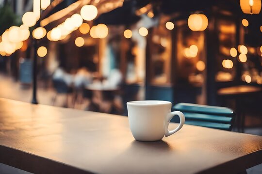 a coffee cup on a wooden table in an italian village , copy space 