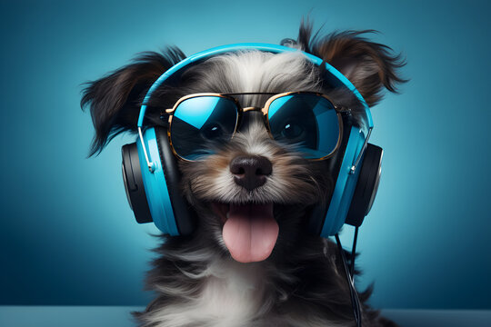 funny studio portrait of puppy wearing sunglasses