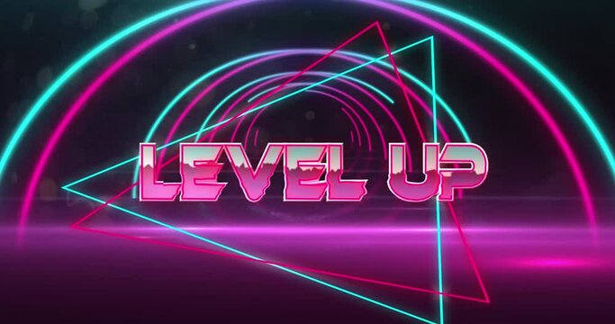 Animation of high score text in pink shiny letters over pink and blue neon tunnel on black