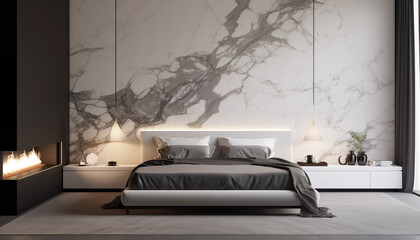 interior of a bedroom with huge marble wall white black gray - obrazy, fototapety, plakaty