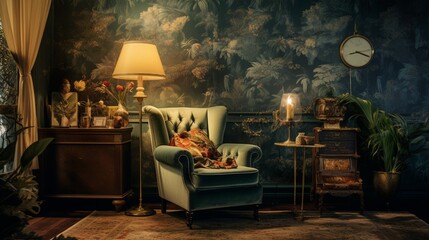 An artistic shot of the vintage-inspired wallpaper and rich textures in Vintage Glamour Hideaway, highlighting the attention to detail that enhances the overall nostalgic ambiance. - obrazy, fototapety, plakaty