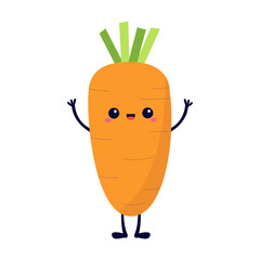 Carrot icon. Cute cartoon vegetable. Kawaii character with smiling face, eyes, hands, legs. Kids education. Vegetables collection. Happy Easter sign symbol. Flat design. White background. Isolated.