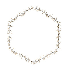 A frame of hexagonal string lights on a transparent canvas, with yellow, sparkling light bulbs. Suitable for holiday, wedding, or birthday adornments. An ideal party decoration. PNG file.